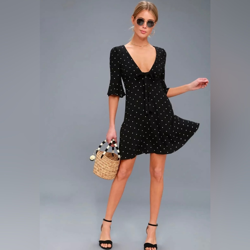 Free People Polka Dot Mini Dress Size 2 Black Tie Neck